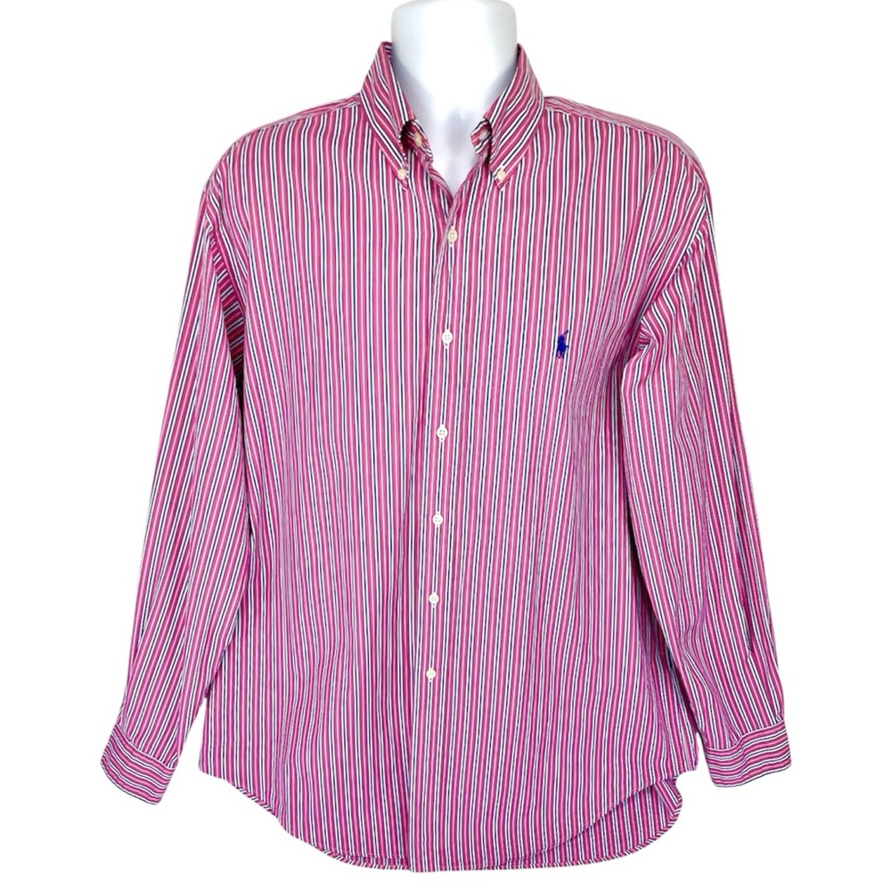 Polo Ralph Lauren Classic Fit Button Down Shirt Mens L Pink Navy Stripe